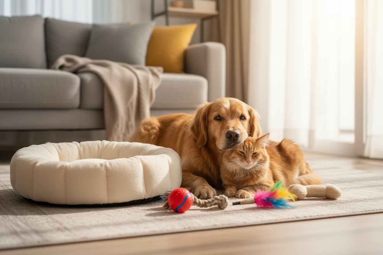 a dog and cat together near some toys or bed 