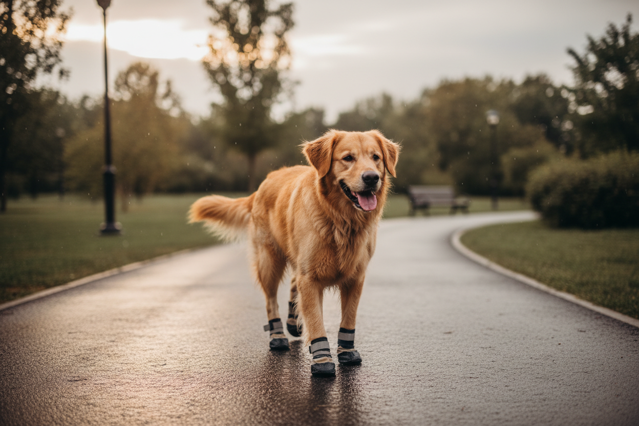 A medium-sized dog wearing protective dog boots walking outdoors on a park path after rain, soft natural light, wet pavement reflections, happy and comfortable expression, realistic pet lifestyle photo, neutral background, high quality photography.”