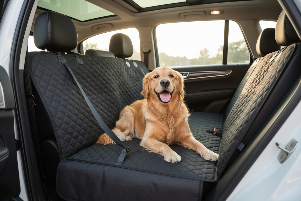 “A realistic image of a black quilted dog car seat cover placed on the back seat of a modern car. A happy golden retriever is lying comfortably on the cover, attached to the seat with a visible safety belt or anchor straps. The car seat cover is clean, sleek, and well-fitted, showing the seat belt loops and fasteners clearly. Natural daylight comes through the windows, giving a cozy and premium look inside the car.”