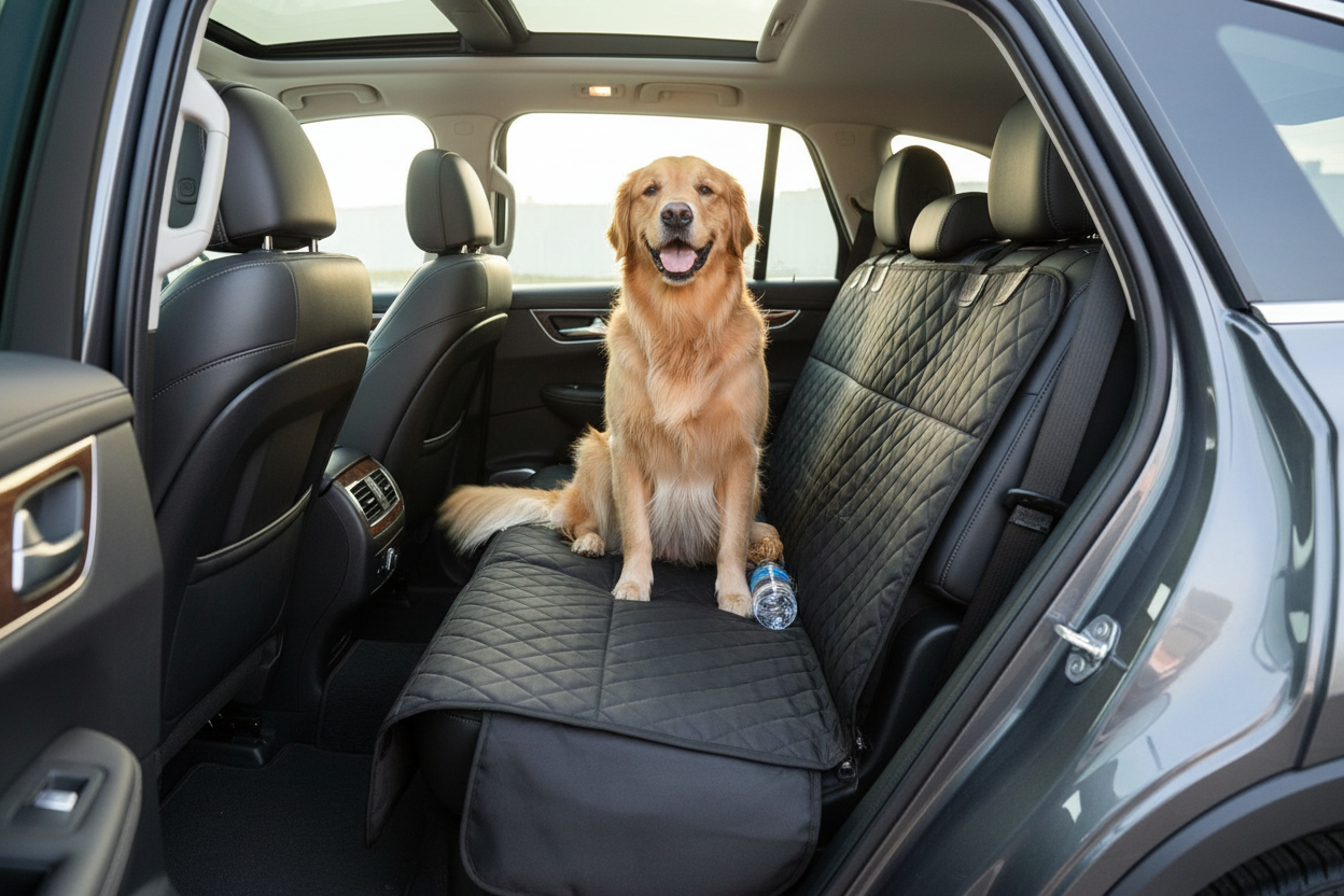 “A realistic image of a happy dog sitting on a black quilted dog car seat cover in the back seat of a modern car. The dog looks cheerful and comfortable. The seat cover is perfectly clean and spotless, with visible stitching and a secure fit. The rest of the car interior looks tidy and well-maintained, with good lighting and a natural, bright atmosphere that highlights the product’s quality and comfort.”